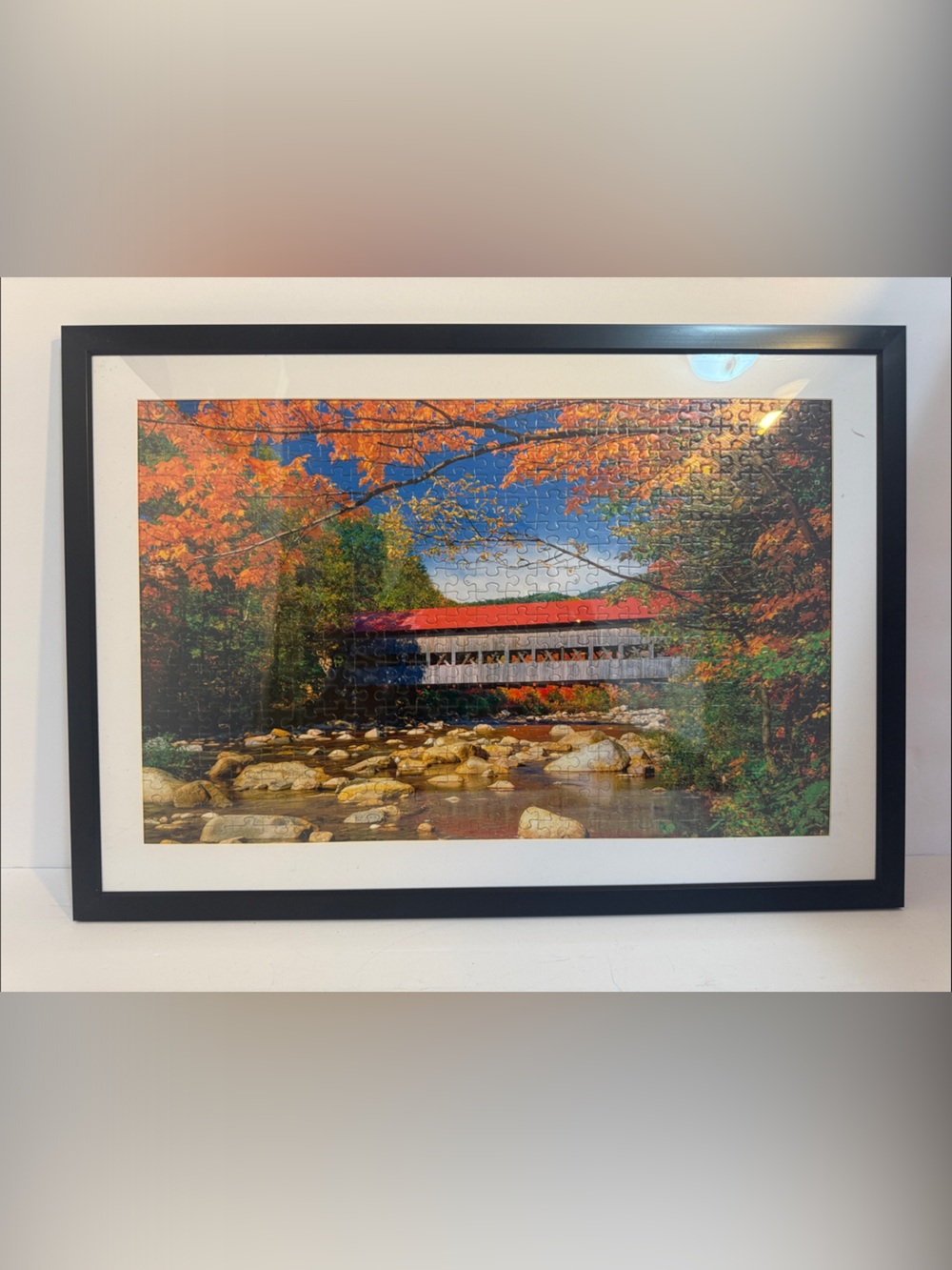 Framed Autumn Covered Bridge Wall Art - Red & Blue Landscape